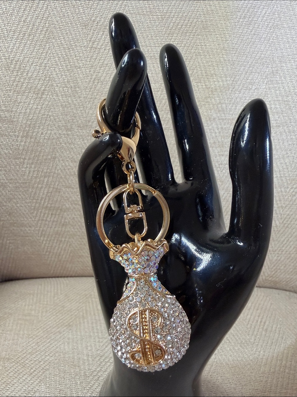 Gold Rhinestone Money Bag Keychain - Sparkling Crystal Accent